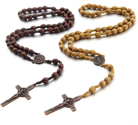 2 st radband pärlor katolskt halsband för män kvinnor, trä kors radband bön pärlor halsband krucifix katolska kristna religiös nattvard kors hänge långt halsband Jesus Saint Benedict brun, 45cm, Trä,