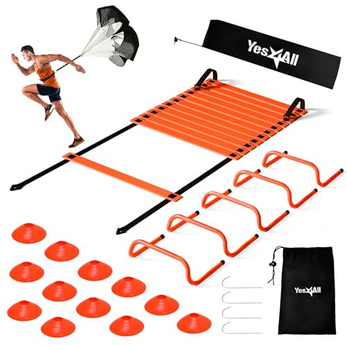 Yes4All Agility Ladder Adjustable Speed & Agility Training Equipment for All Ages, Durable Speed Ladder, Multiple Combo Sets Available, Orange,12 Agility Cones, 5 Hurdles, Jump Rope, Running Parachute