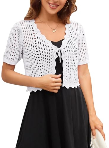 Kate Kasin White Bolero Shrug Lightweight Summer Short Sleeve Cardigan for Women Crochet Open Front Knit Cardigan Dressy M