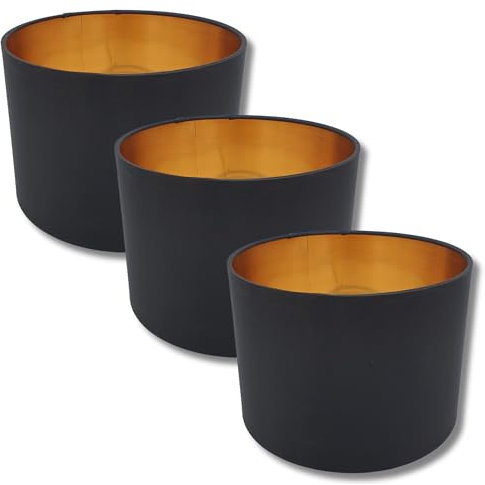 3 Stück Lampenschirm Schwarz Gold Rund Retro Vintage Stofflampenschirm Leuchtenschirm Textilschirm Ersatzschirm Tischlampe Pendelleuchte E27 Fassung (3x Schwarz/Gold Ø 20cm)