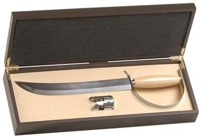 Sciabola e Tappo per Champagne in Acciaio Inox con Cassetta in Legno, 46,5 x 18 x 6,5 cm, Marrone