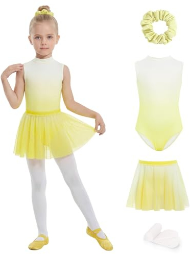 JiAmy Ballet Leotards for Girls 4 Pcs with Removable Skirt Gradient Color Dance Dress Outfit Combo Tights Scrunchy 4-5T,Yellow