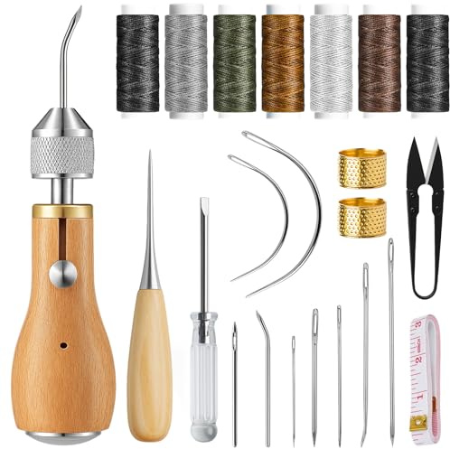 Sinofort 21 Piezas Kit de Costura para Cuero, Incluye Speedy Stitcher Costura Awl, Punzón, Hilo de Cera de Cuero, Agujas de Coser, Anillo de Latón, Herramientas de Costura para Tela Gruesa y Cuero