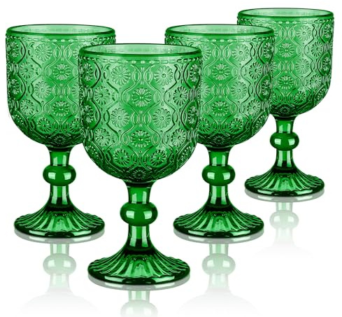 Joeyan 350ml Dark Green Vintage Glass Wine Goblet, Romantic Floral Embossed Drinking Glasses, Heavy Stemmed Wine Glasses for Christmas Party Wedding Table Decoration, Set of 4, Dishwasher Safe