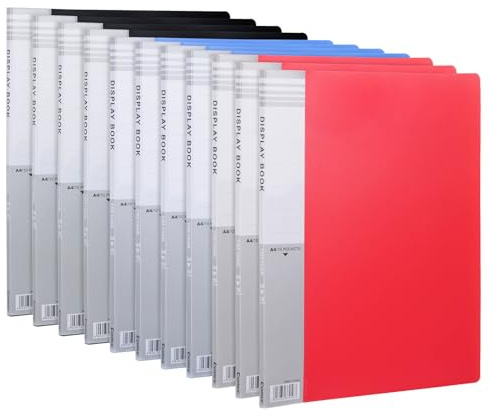 Comix Cartellina A4 con buste in plastica, 10 tasche, cartella per presentazioni, raccoglitore A4 utilizzato per conservare documenti e certificati (blu, 4 neri, 4 rossi)