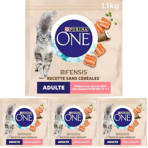 PURINA ONE Bifensis sans Céréales | Croquettes Au Saumon pour Chats Adultes | Sac de 1,1kg (Lot de 4)