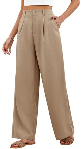 HEEKPEK Pantaloni Donna Estivi Larghi Pantaloni Leggeri Elastico Vita Alta Lunghi Gamba Larga Eleganti Pantalone Bottoni Solido Sciolto Freschi Comodi con Tasche (Kaki Scuro, M)