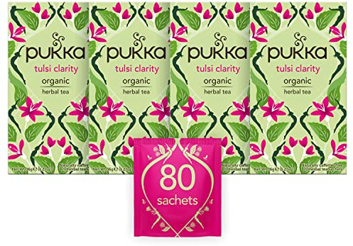 Pukka Herbs | Tulsi Clarity Organic Herbal Tea | Green, Purple and Lemon Tulsi| Perfect For Focusing | 4 packs | 80 Sachets