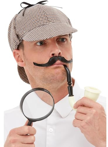 Smiffys Detective Kit, Multi-Coloured with Hat, Pipe & Magnifying Glass, Historical Fancy Dress, Adult Dress Up Accessories