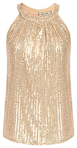 Débardeur à Sequin Femme Brelle Col Rond Été Tops sans Manches Haut dé Sport Disco Débardeur M Or