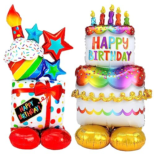 Folienballon Happy Birthday XXL,Happy Birthday Luftballon Stehend,Geburtstagsballons Aufblasbare Torten und Geschenk,Helium Ballon Geburtstag Party Dekoration Für Kinder Junge Mädchen und Erwachsene