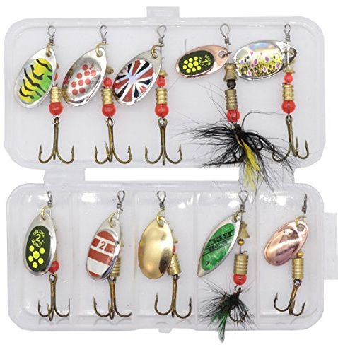 Lot de 10 leurres de pêche en métal - Clignotants - Cuillère à paillettes - Crochets triplés - Pour eau salée, eau douce, perche, maquereau, truite, poisson-chat - Couleur aléatoire