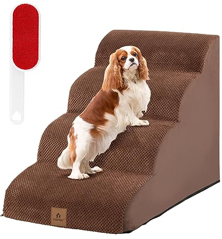COSTWAY Hundetreppe 4 Stufen, rutschfeste Hundestufe aus Schaumstoff, inkl. Tasche, Haustiertreppe für Hunde Katzen, Katzentreppe Abnehmbar, Hunde Treppe für Sofa Bett, Waschbarer Bezug (Braun)
