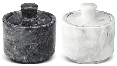 Flexzion Saltkällare i marmor med lock – salt- och pepparskålar diskbehållare för kök – marmor, pepparburk, förvaringsboxhållare för paprika, örter, socker, smycken och klockor (set med 2, svart och
