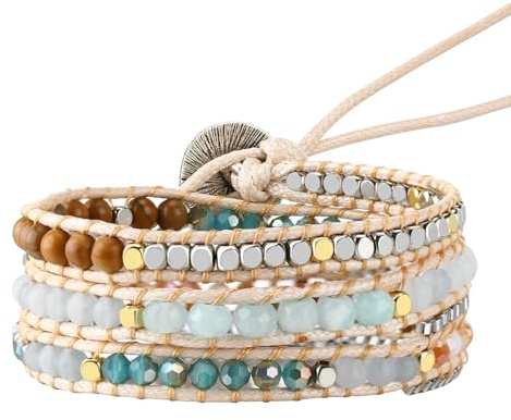 PLTGOOD Boho 3 Wrap Bead Bracelet for Men Women - Handmade Adjustable Natural Chakras Stone Crystal Beaded Bracelets Cuff Rope Yoga Healing Bracelet Bangle Hippie Jewelry