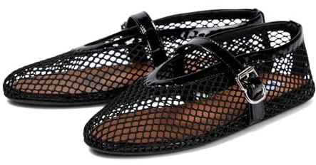 DOEYG Black Mesh Ballet Flats for Women Round Toe Mesh Flats Ballet Shoes Buckle Strap Mesh Mary Jane Flats Comfy Casual Office Summer Fishnet Ballerina Flats Shoes