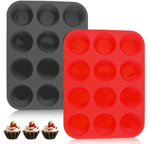 JSUOEO 2 Stück Silikon Muffinform, Cupcake Pfanne 12 Tassen Mini Backblech für Muffins Antihaft Muffin Backform Antihaftbeschichtet Muffinblech, Rot + Grau