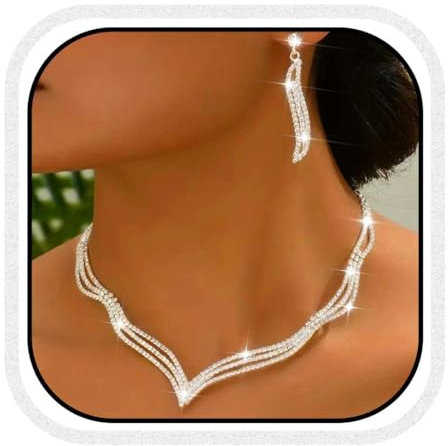 Fashband Kristall-Brautschmuck-Set, silberfarbene Strasssteine, Halskette, Ohrringe, Kostüm, Braut, Party-Schmuck für Frauen, Einheitsgröße, Kunstperle, Kein edelstein