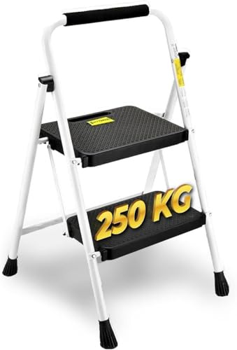 HYTAMA Scala Sgabello Pieghevole con Ampio Pedale Antiscivolo, Scala in Acciaio Robusta, Impugnatura Comoda, Leggera, Sgabello Portatile in Acciaio, Certificata EN14183 (BIANCO, 2 Gradini)