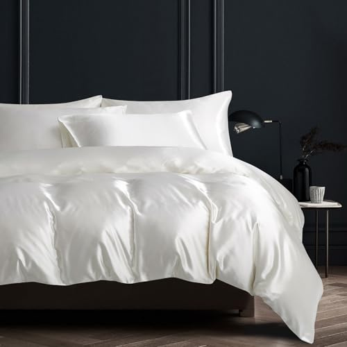 YASMENG Juego de Funda Nórdica de Satén 220x240 Blanco Brillante Deluxe, Juego de Cama de Satén Suave y Sedoso de Seda, Ropa de Cama para 2 Personas Adultas con Cremallera y Fundas de Almohada 65x65