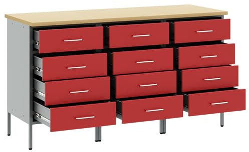 vidaXL Werkbank 3er Set Rot und Grau aus Tischlerplatte und Stahl