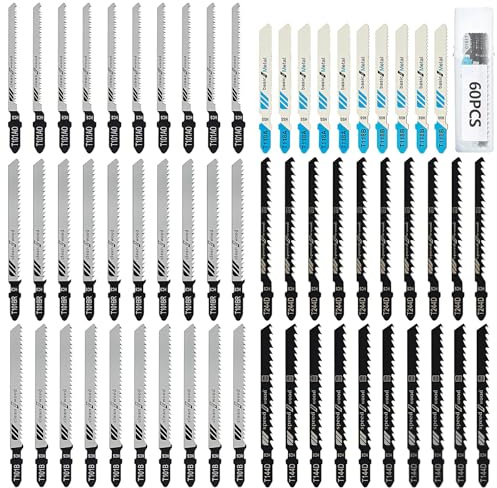 60 Stück Stichsägeblätter Holz Set, 7 Verschiedene Modelle Professional Stichsägeblatt mit Kunststoffbox, T-Schaft Stichsägeblätter für Holz, Kunststoff und Metall