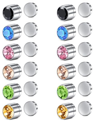AVYRING Orecchini magnetici per uomini e donne, clip-on in acciaio inox, senza piercing, piercing finti, design con diamanti colorati, 3mm/4mm/5mm, 6 paia, Acciaio inossidabile