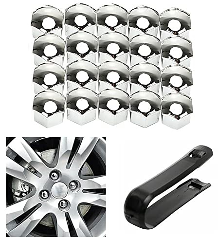 Whychstore 17 mm krom legering hjulmutterskydd, 20-pack för bilhjulbultar, slät silverfinish med borttagningsverktyg