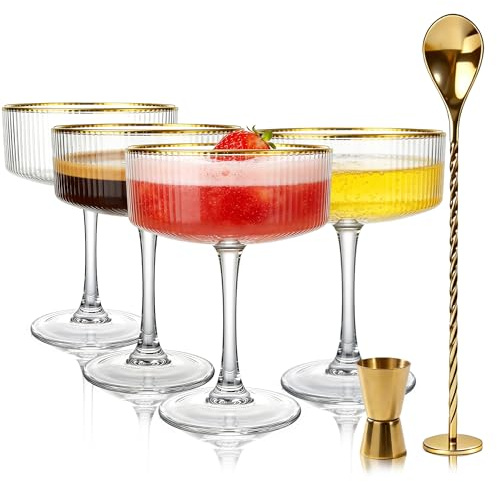Vessyn Juego de 4 copas acanaladas, juego de copas vintage de 295 ml, Martini único, cristalería de cóctel clásica, juego de bebidas de bar perfecto para cóctel, vino, champán y regalo (copa de