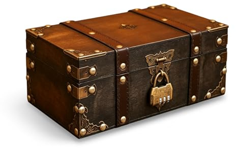 PRITOK Wooden Vintage Treasure Chest with Lock: Square Shape Wooden Storage Box, Decorative Souvenir Container Keepsakes, Keepsake Box for Home Decoration and Jewelry Organization Gift Storage