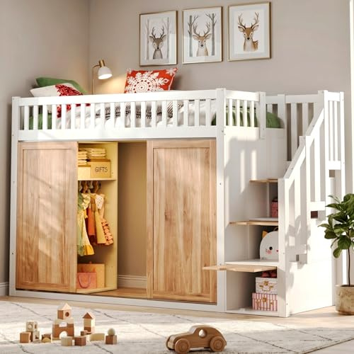 Su & Chan Legence High Sleeper Bed with Wardrobe, Kids Loft Bed with Storage Stairs, Wooden Bed Frame with LED Lighting and Safety Guardrail, No Mattress, 90 x 190cm, White and Natural
