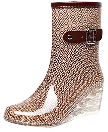 LvRao Zapatos de Tacón Alto Botas con Cremallera de Las Mujeres | Botas de Agua Damas Patrón de Punto Botines de Lluvia Wellies Beige Etiqueta 39, EU 39