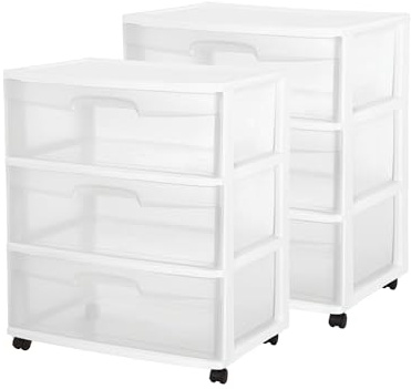 Sterilite 2-Pack 3-Drawer Wide Storage Organizer Cart, Rolling Container w/Wheels, White - Organizing Containers for Bathroom, Closet, Kitchen, and Bedroom