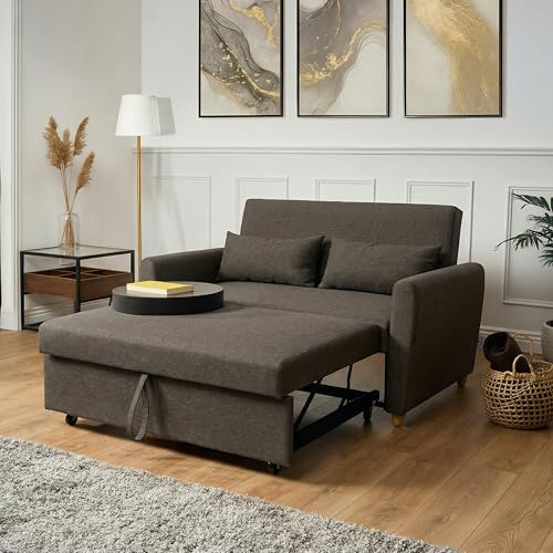 Bravich Dark Brown 2 Seater Sofa Bed Double, Pull Out Sofa Bed for Adults, Compact Fabric Sofabed with Fold Flat Mattress | Living Room Guest Bed | 140cm