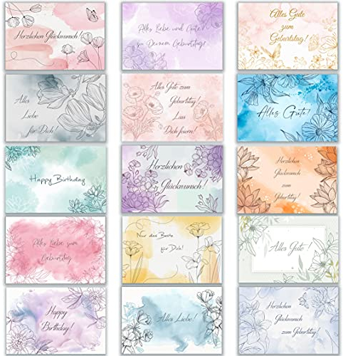 Klasse Geburtstagskarten, Klappkarten, 15er-Set, mit 15 verschiedenen Motiven und Umschlägen, Geburtstag, Aquarell, zartes Pastell, alles Gute zum Geburtstag, Wünsche, alles Liebe, Geschenk
