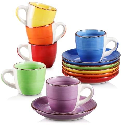 vancasso Cuenco de cerámica, Juego de Tazas vancasso BONITA 12 piezas, Tazas de Espresso, Servicio de Café para 6 personas, Juego de Tazas, platillos, Estilo Arcoíris