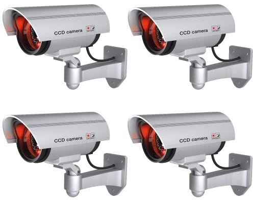 BASI | 4er Set Kamera-Attrappe mit blinkendem LED-Licht | Dummy Kamera | Sicherheitskamera | Überwachungskamera für den Innen- und Außenbereich | Wandhalterung | drahtlos, Silber | CCTV | 4 Stück