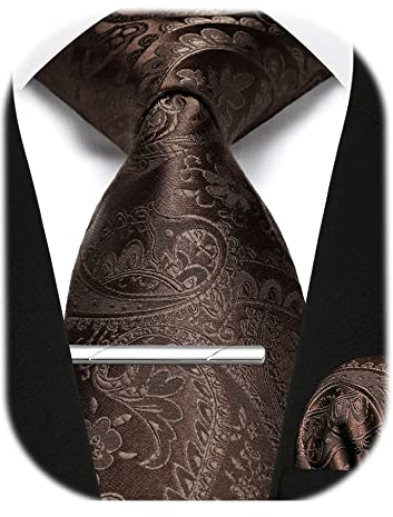 Enlision Herren Braun Paisley Krawatte und Einstecktuch mit Krawattenklammer Set Business Hochzeit für Herren Krawatte & Einstecktuch & Krawattennadel Sets,Braun