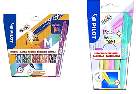 Pilot - 12 Stück Frixion Ball – radierbarer Stift mit thermoensibler Tinte 12 Farben – mittlere Spitze & Frixion Light Soft - radierbarer Textmarker -6er Set Pink/Gelb/Violett/Blau/Orange/Grün