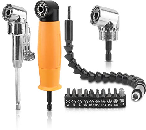 90/105 Degree Right Angle Drill 5 PCS Angle Extension Power Drill Attachment with 1/4'' Hex Impact Shank Flexible Shaft Adapter Magnetic Socket Angled Drill Bit Holder Yellow