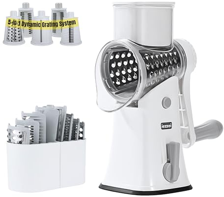 iezzei Rotary Cheese Grater - Vegetable Slicer Hand Crank, Fruit Cutter, Carrot Shredder, Nuts Grinder with 5 Stainless Steel Blades - Safe & Strong Suction Base with Handle