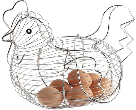 Huevera de gallina plateada de metal para cocina, cesta para guardar huevos de metal cromado de 35 X 17 X 28 cm (Plateado)