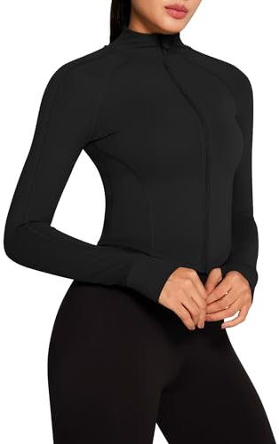 QUEENIEKE Sportjacke Damen Atmungsaktive Leicht Enge Laufjacke Mit Reißverschluss für Yoga Gym Daumenloch Sportoberteil A Schwarz S