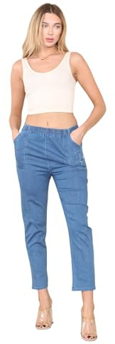 Faozo® Women’s Casual Wear Pull-On Stretchy Denim Jeans - Ladies Elastic Waist Straight Leg Relaxed Fit Bottom Pants (Blue, 12)