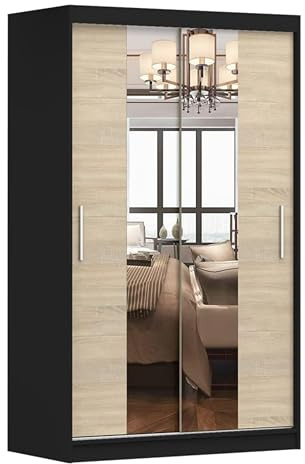 Fabryka Mebli Idźczak - Armoire avec Miroir Neomi, Armoire 2 Portes Coulissantes 120 x 200 x 61 cm, Armoires à Portes Moderne, Armoirse de Chambre, Salon - Noir/Sonoma