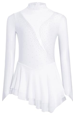 Oyolan Enfant Fille Robe Patinage Artistique Manches Longues Strass Asymétrique Robe Danse Leotard Gymastique Spectacle A Blanc 9-10 Ans