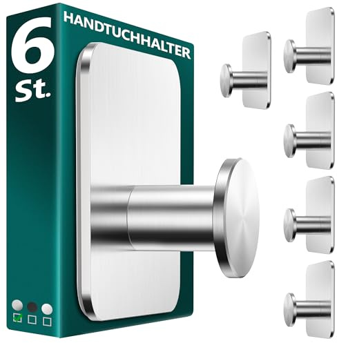 Menz Lot de 6 porte-serviettes sans perçage en argent - Porte-serviettes de salle de bain robustes - Crochets adhésifs modernes pour salle de bain