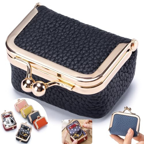Genuine Leather Mini Jewelry Box - Vintage-Inspired Travel Jewelry Organizer with Kiss Lock, Compact Ring Box for Women, Perfect for Earrings, Rings, Necklaces, Bracelets - Ideal Gift for Her (Black)