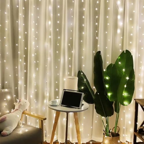 ENLACE LED Lichtervorhang, 3 x 3M 300 LEDs USB Vorhanglichter mit Fernbedienung, 8 Modi Vorhang Lichterkette mit Haken für Hochzeit Fenster Zimmer Party Innen Außen Deko, Weiß