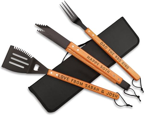 Personalised BBQ Tool Set Engraved BBQ Utensils with Spatula, Tongs & Fork Portable Barbecue Accessories Kit with Storage Bag Ideal BBQ Accessories for Men, Camping, Grilling & Gifting